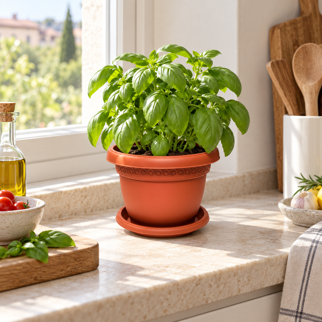 B102-1 Pot 1 terracotta basil planter on a European kitchen windowsill