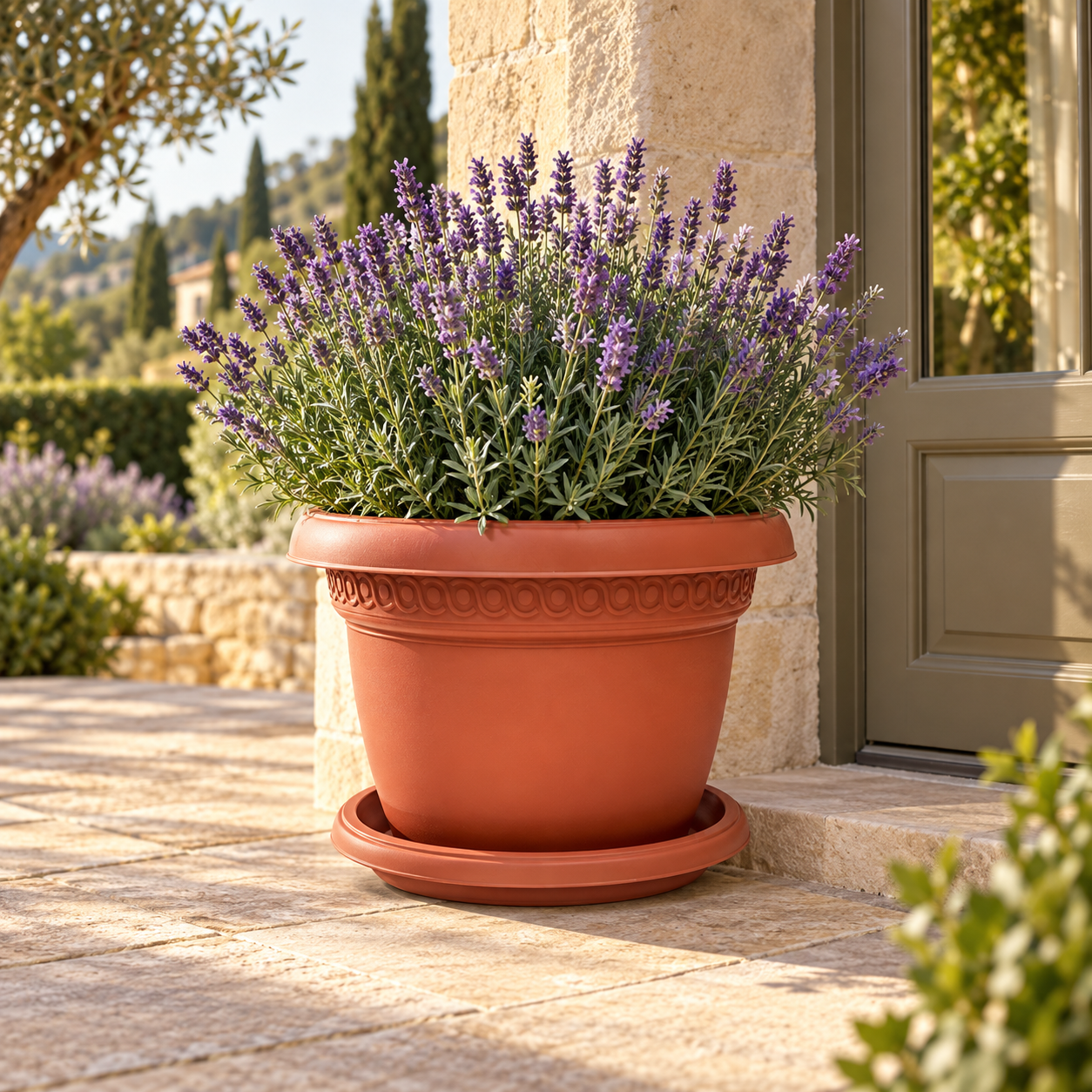 B102-7 Pot 7 terracotta planter with lavender on a European terrace