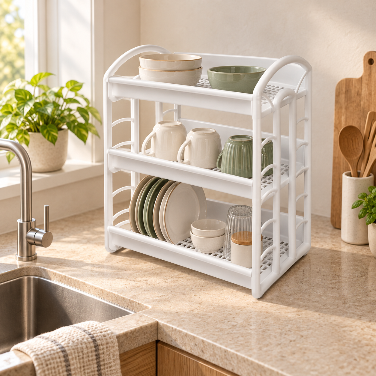 BURDEM B105 three-tier dish drainer beside a modern sink