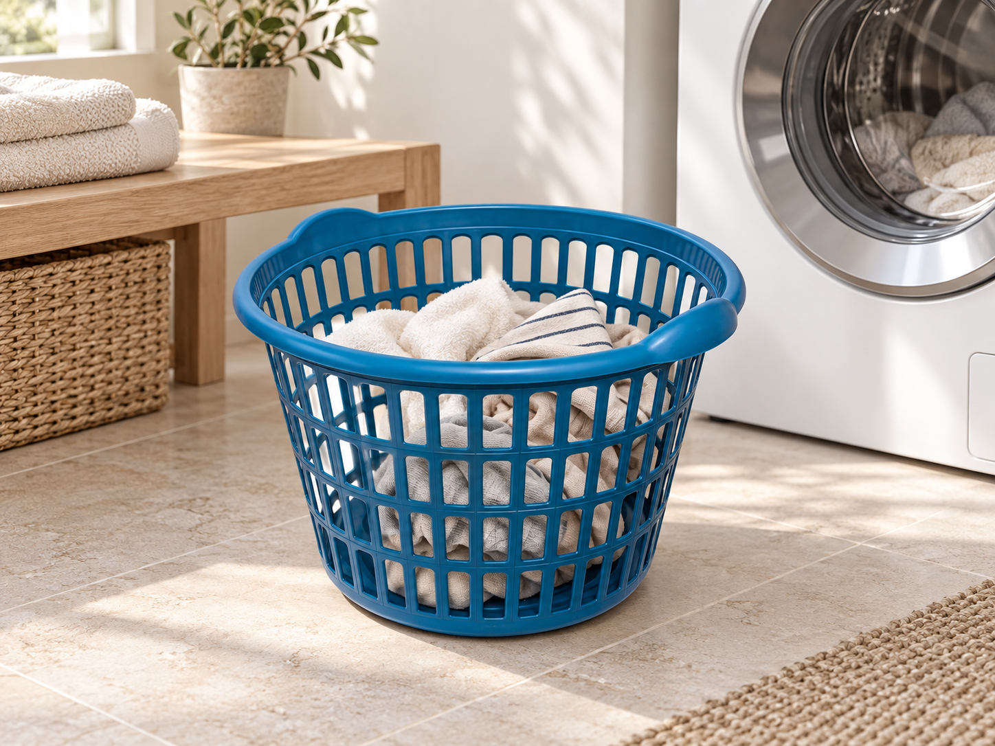 BURDEM recycled Circle 2 laundry basket used with towels in a contemporary laundry room