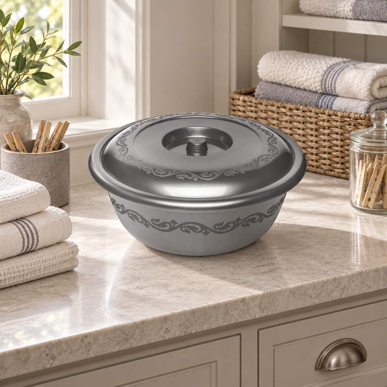 BASIN WITH LID 4 for covered laundry-room organization