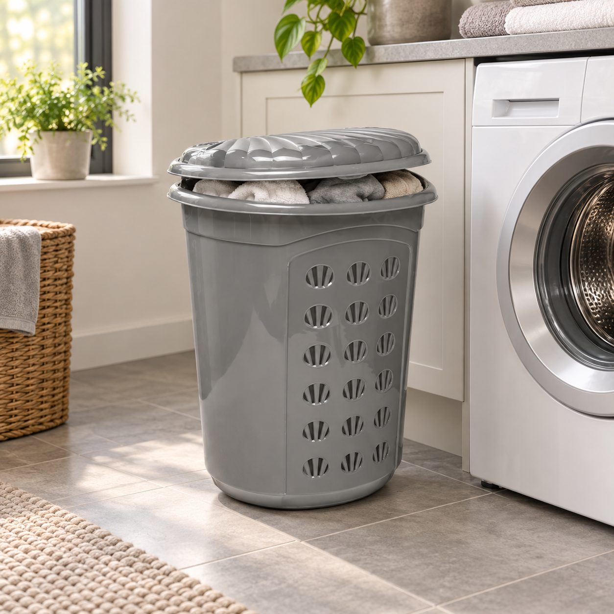 OVAL LAUNDRY BIN beside a modern washing machine