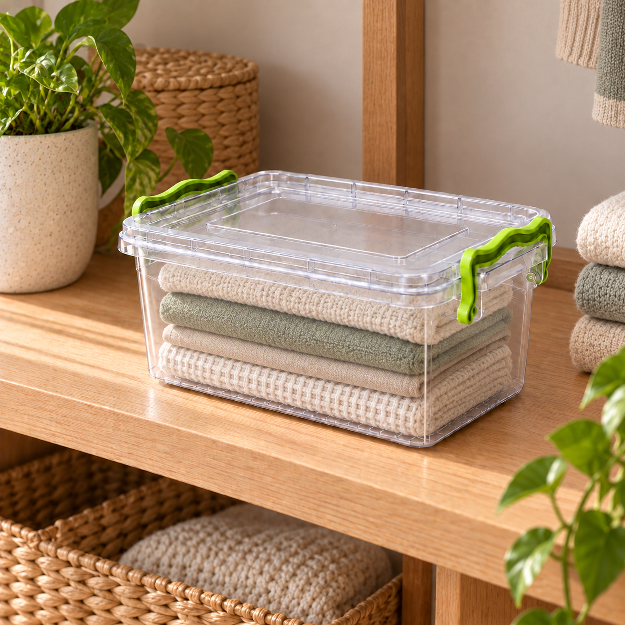 BURDEM B120-4 clear storage box organizing folded linens