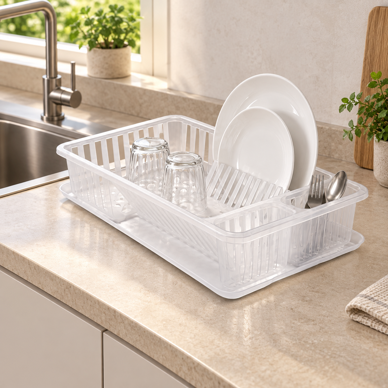 BURDEM B121-1 dish drainer beside a compact sink