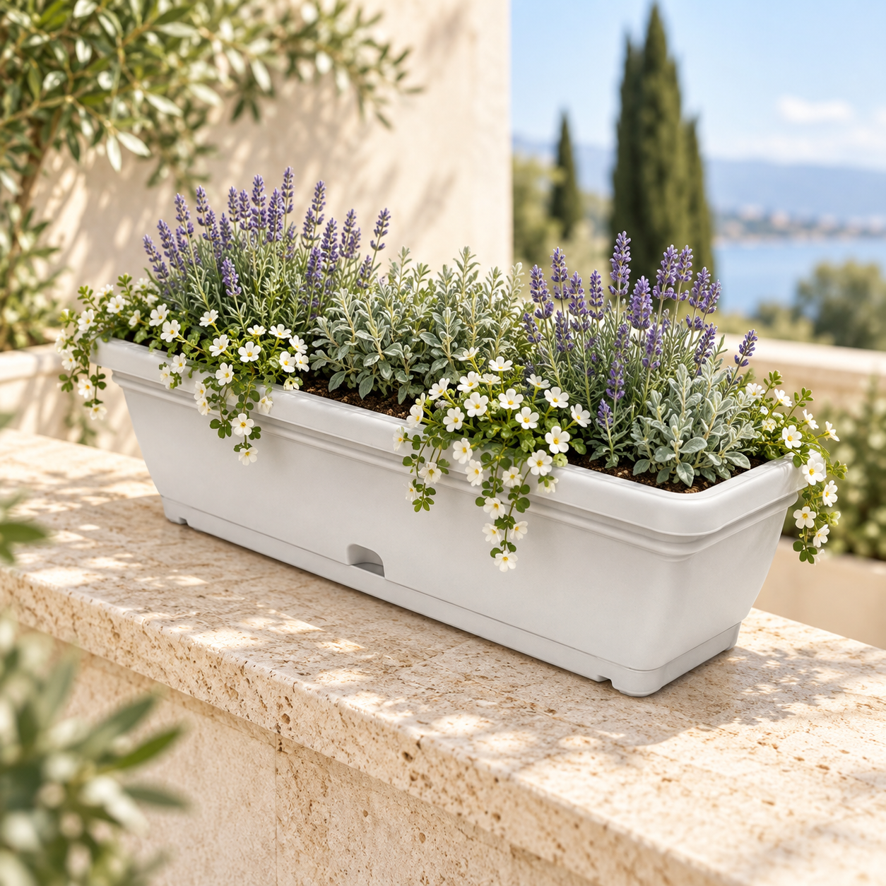 B137 Rectangle Lux rectangular planter styled in use on a contemporary terrace