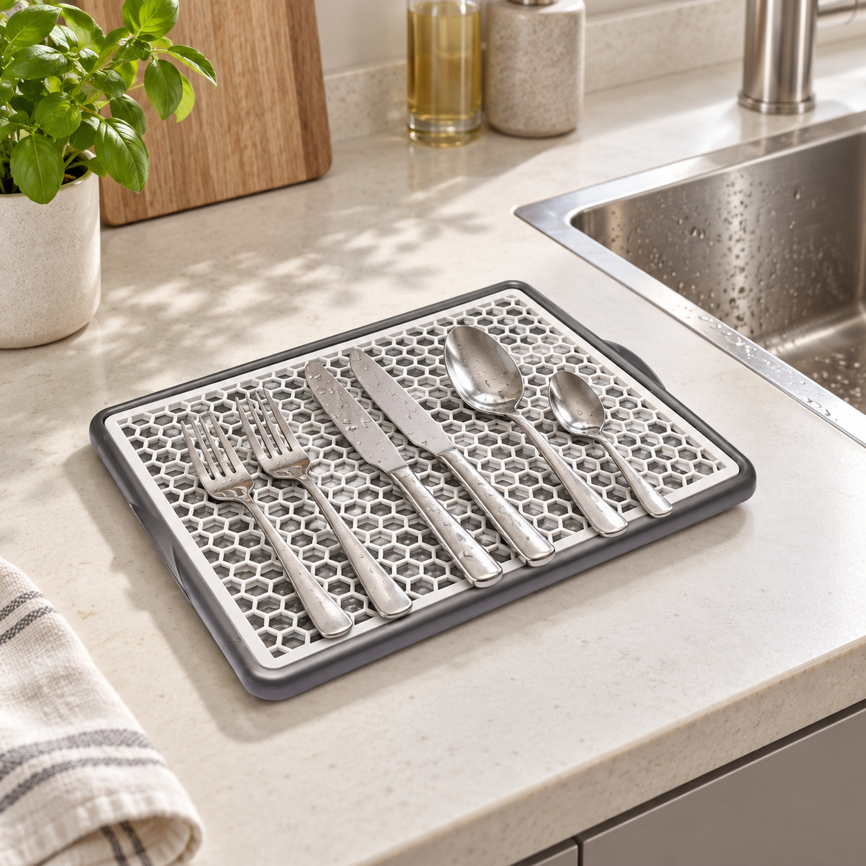 BURDEM B138 cutlery filter plate beside a modern kitchen sink