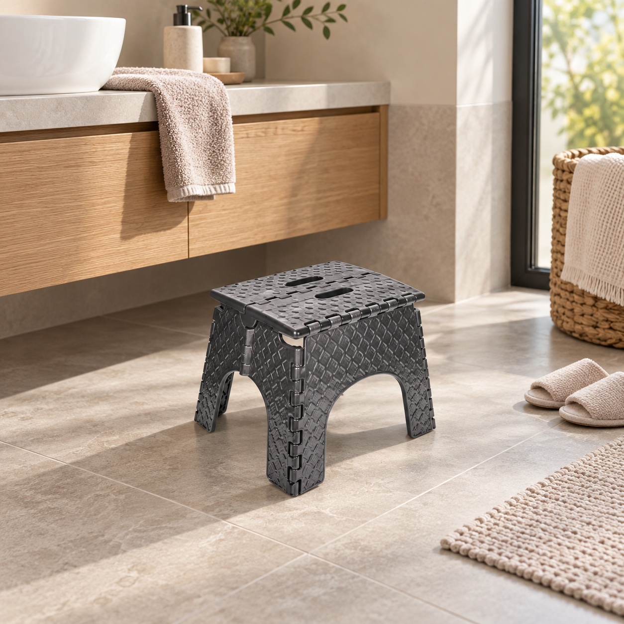 BURDEM B150-1 low folding stool in a contemporary bathroom
