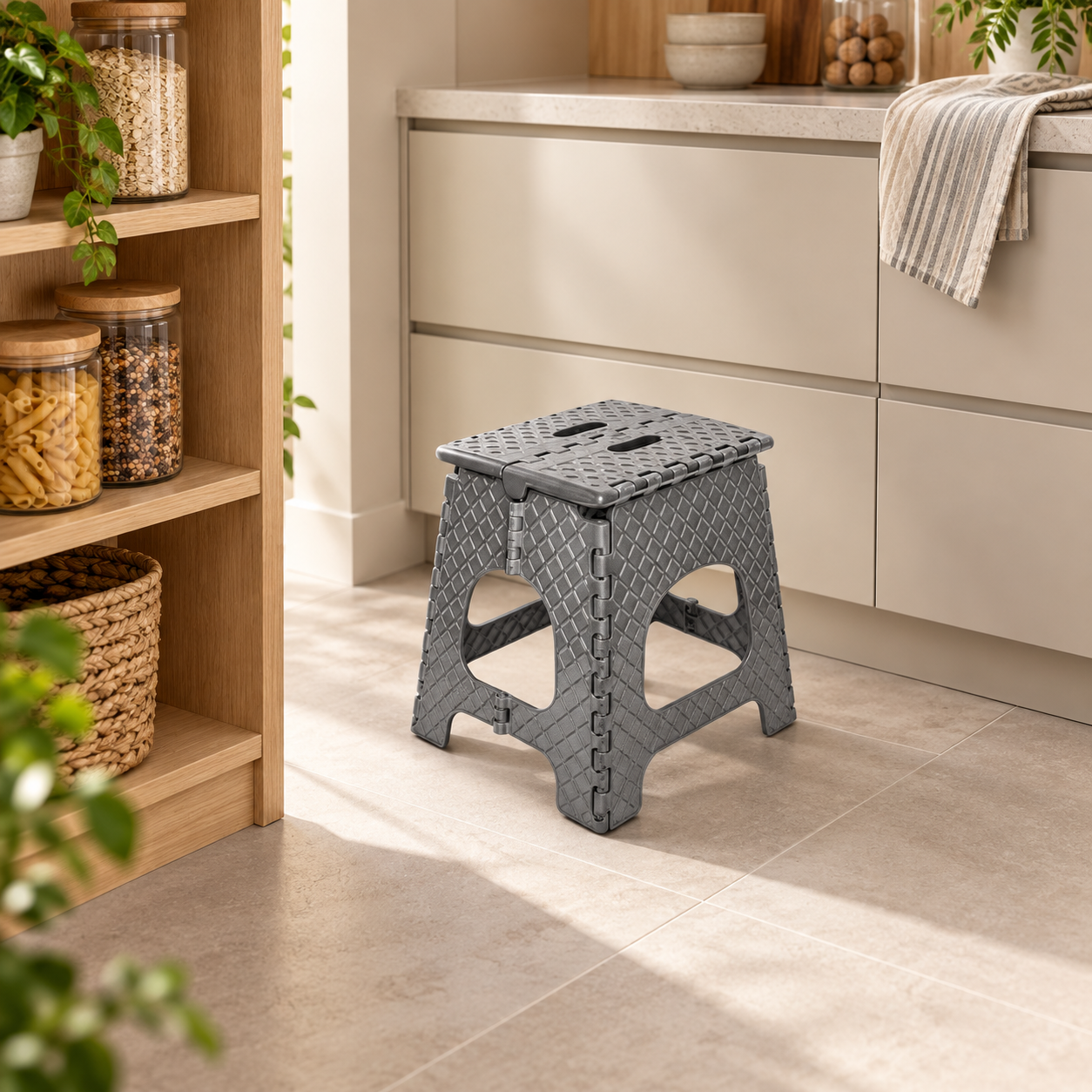 BURDEM B150-2 folding stool in a modern pantry