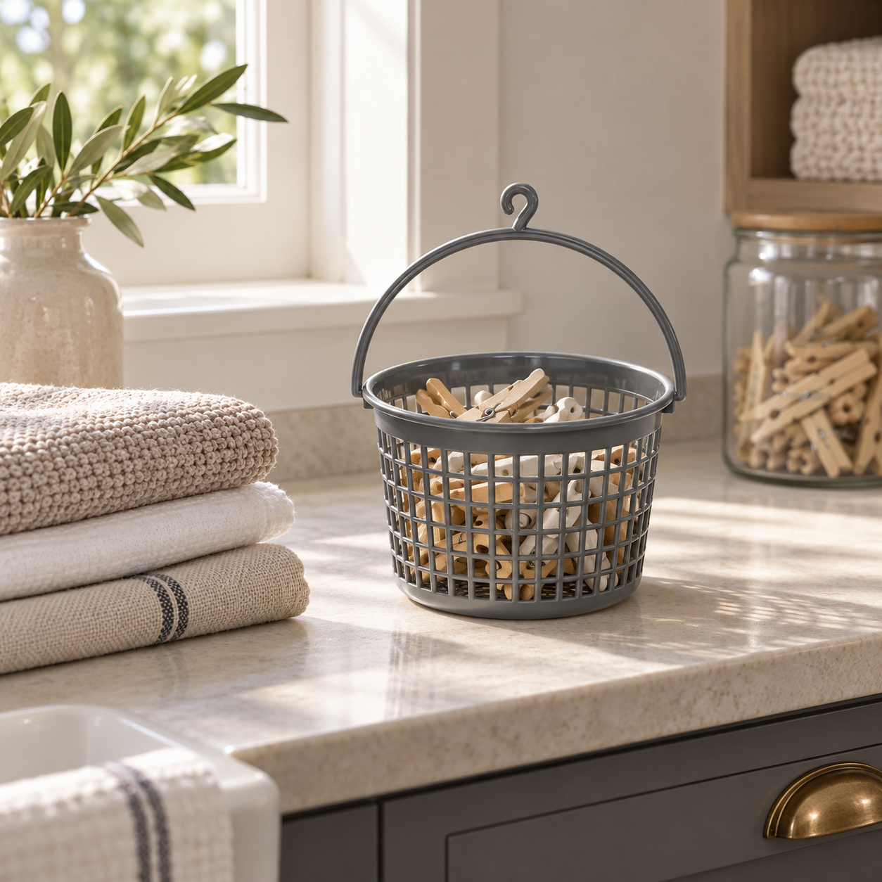 PEG BASKET CIRCLE holding clothes pegs in a laundry room