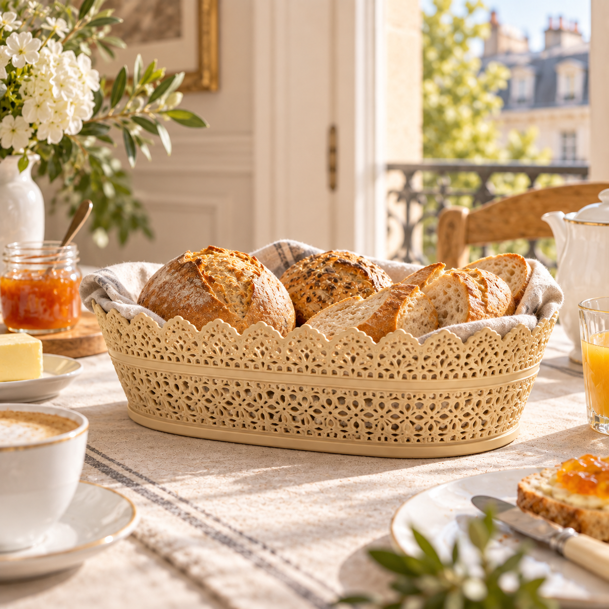 BURDEM B186-1 oval lace bread basket at breakfast
