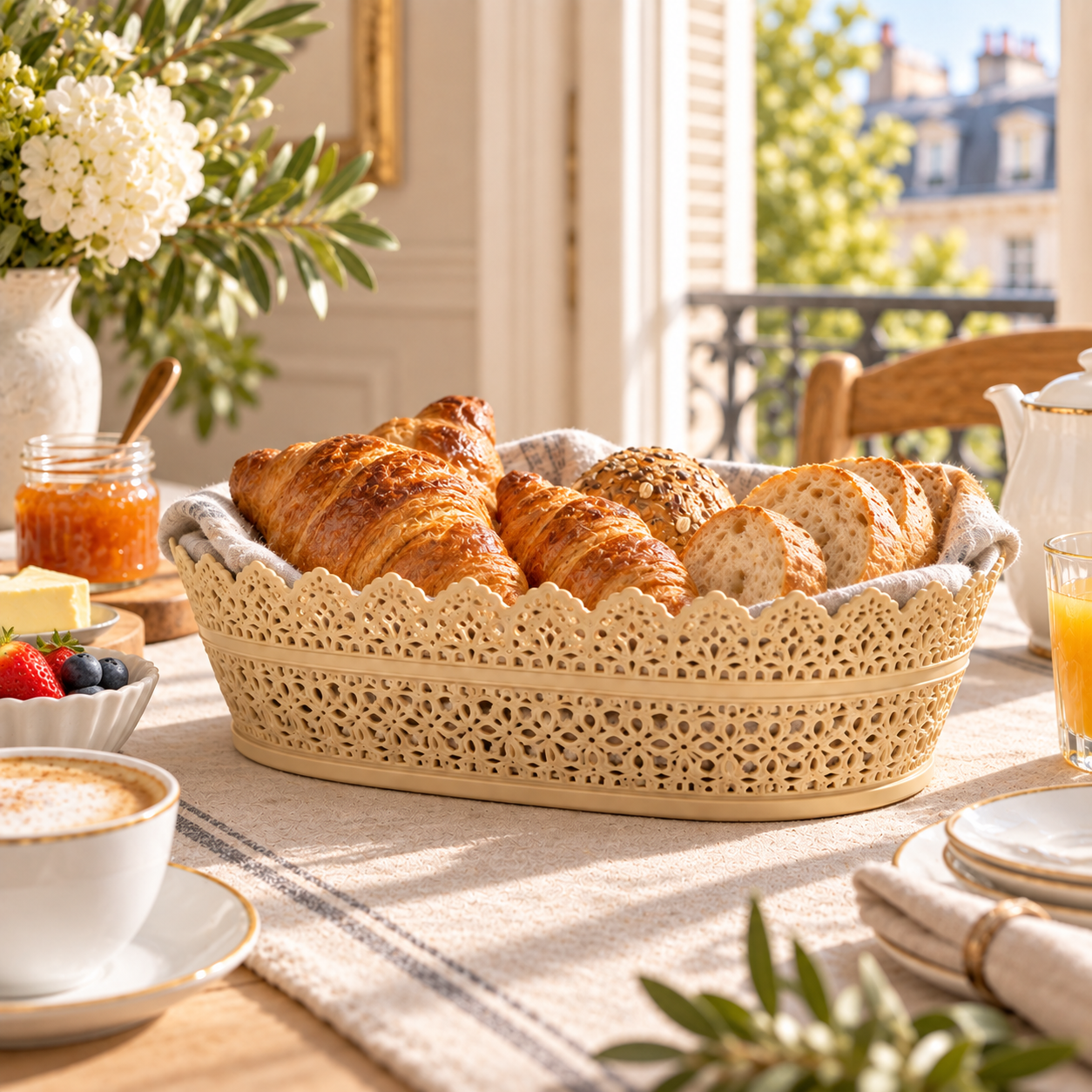BURDEM B186-2 rectangular lace bread basket at breakfast