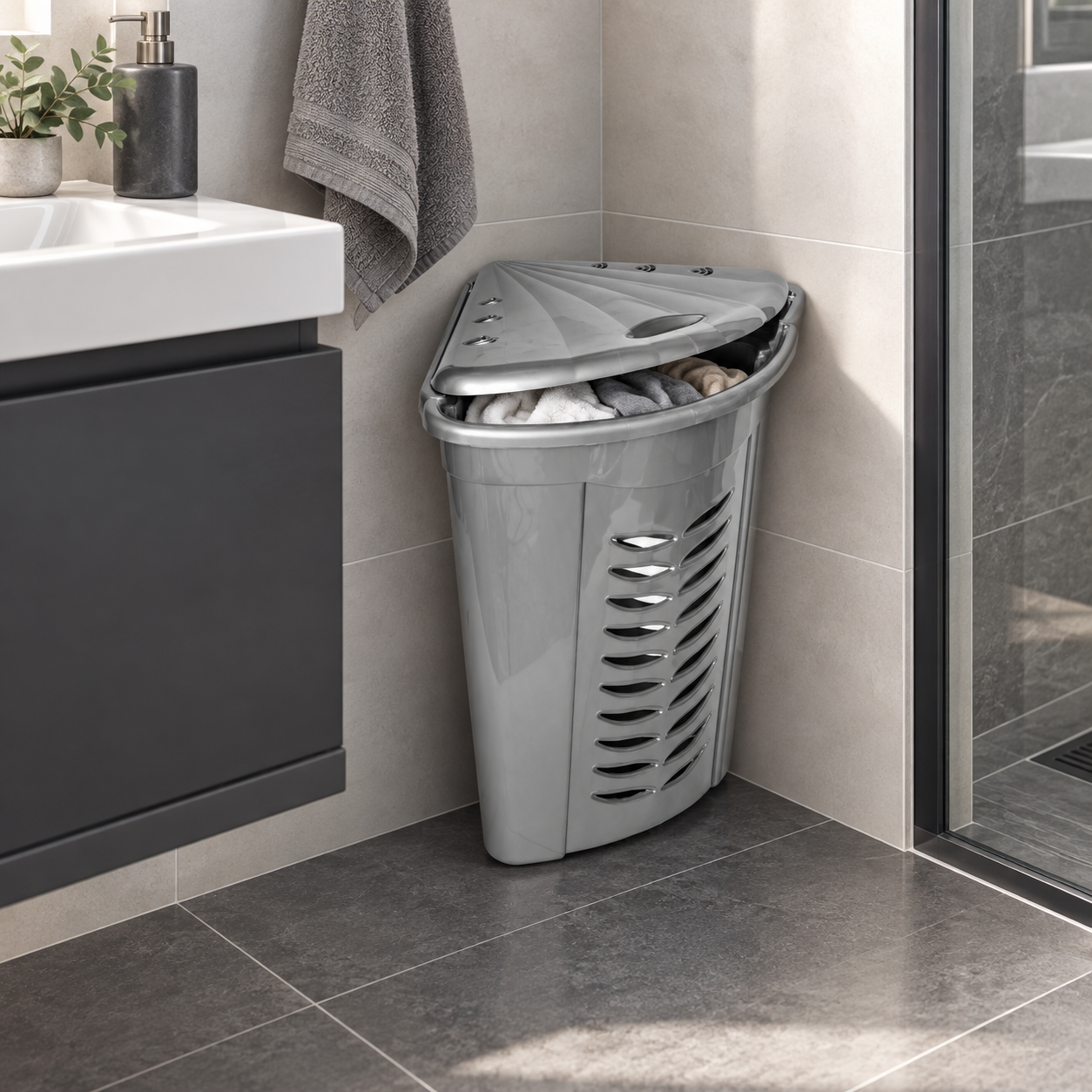 TRIANGLE LAUNDRY BIN fitted into a modern bathroom corner