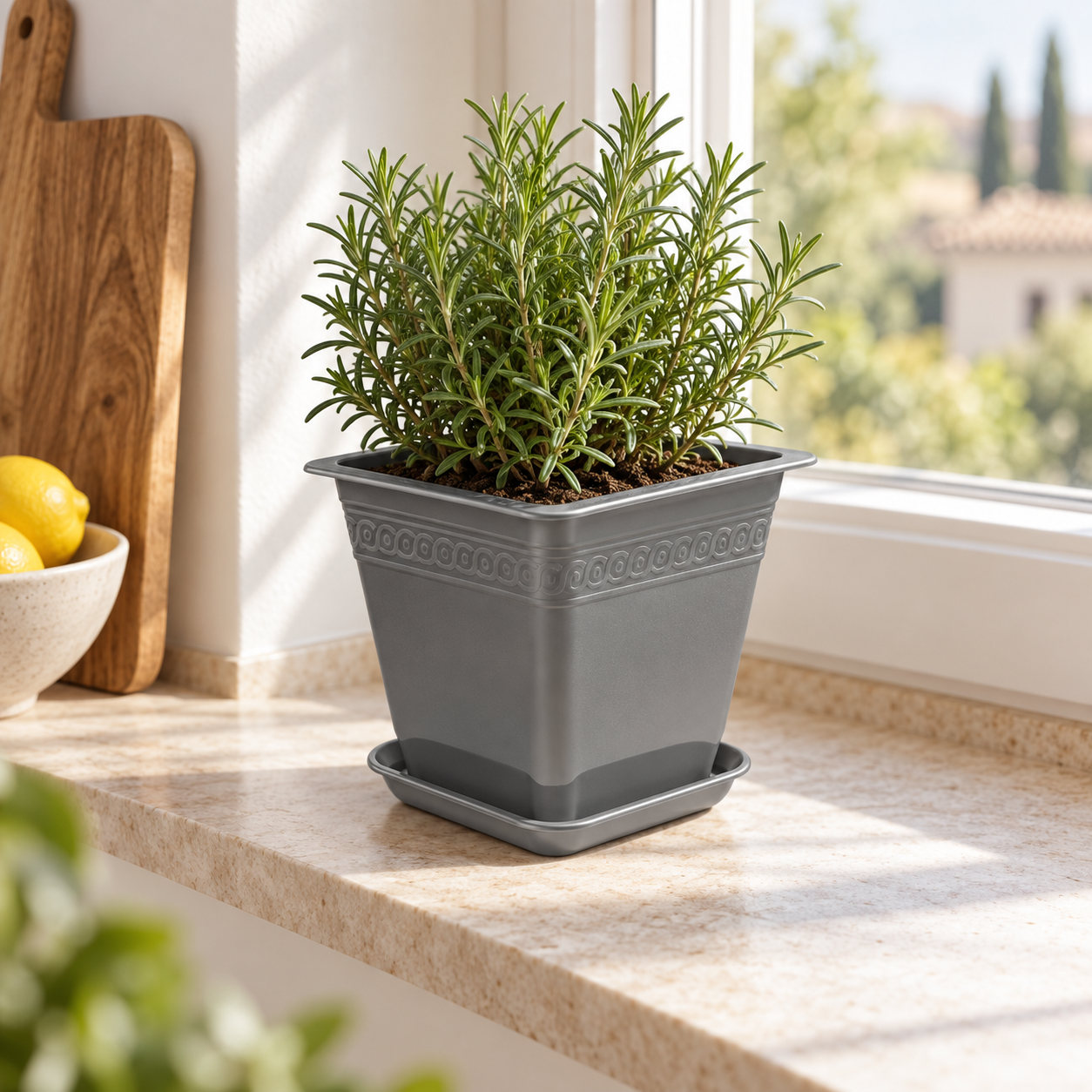 B195-1 Rectangle 1 grey square planter with rosemary on a European kitchen windowsill