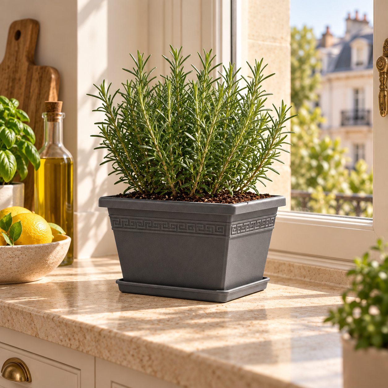 BURDEM B195-2 grey rectangular planter with rosemary