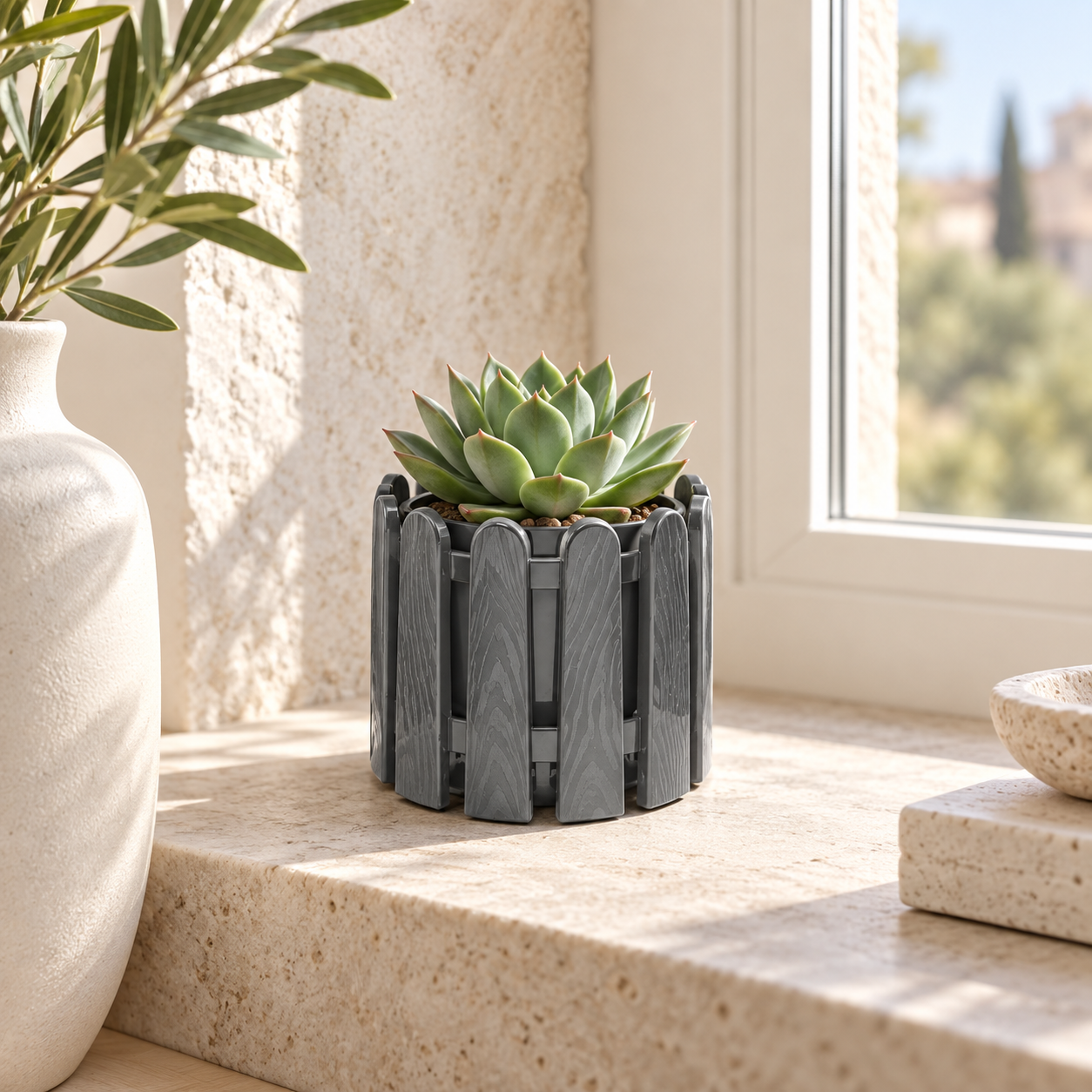 B208 Decor 1 grey picket-style planter with succulent on a European windowsill
