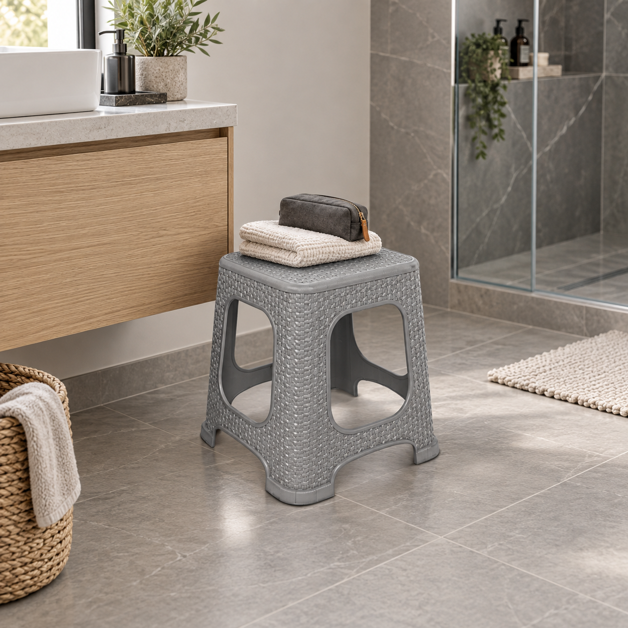 RATAN 2 medium stool in a modern bathroom