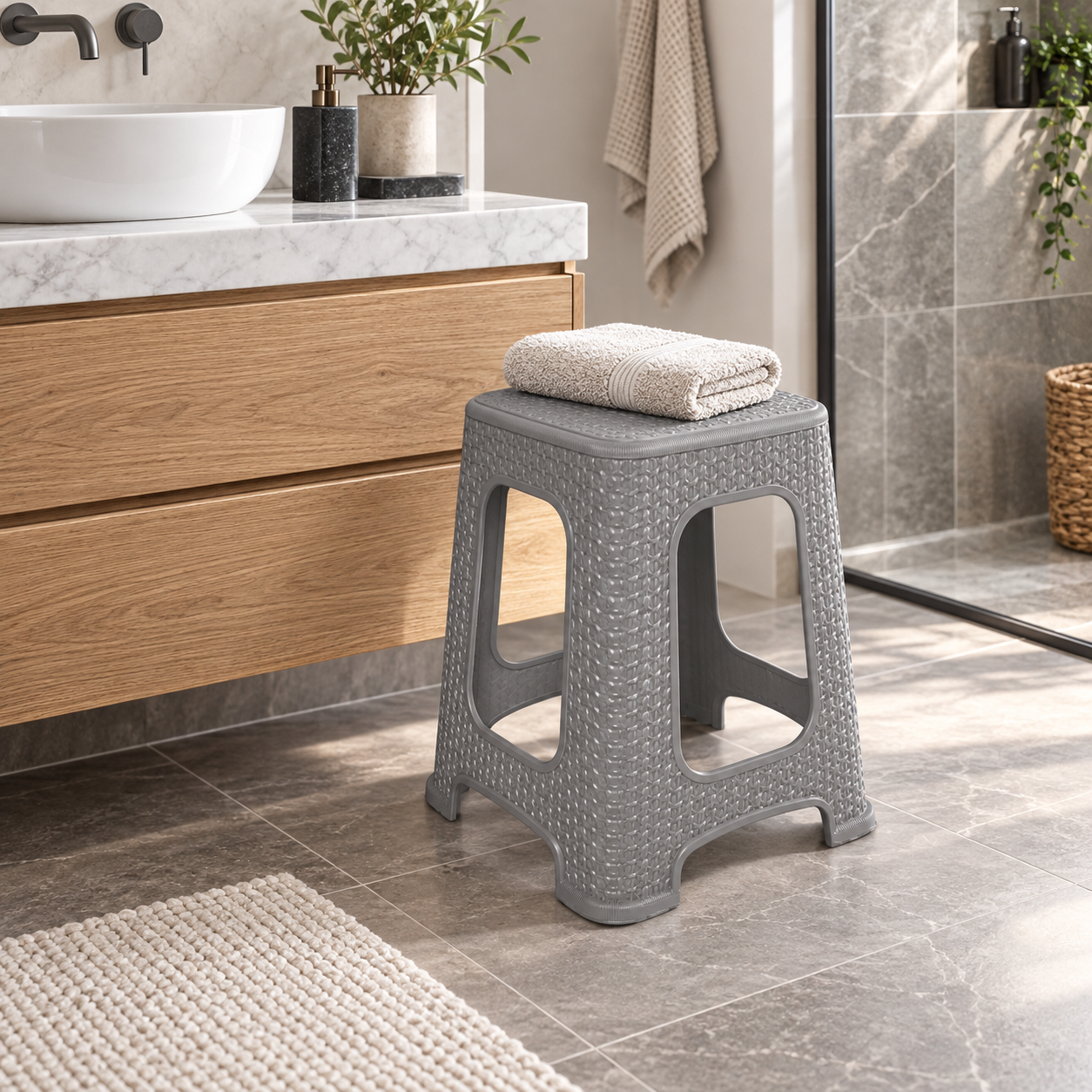 RATAN 3 stool beside a modern bathroom vanity
