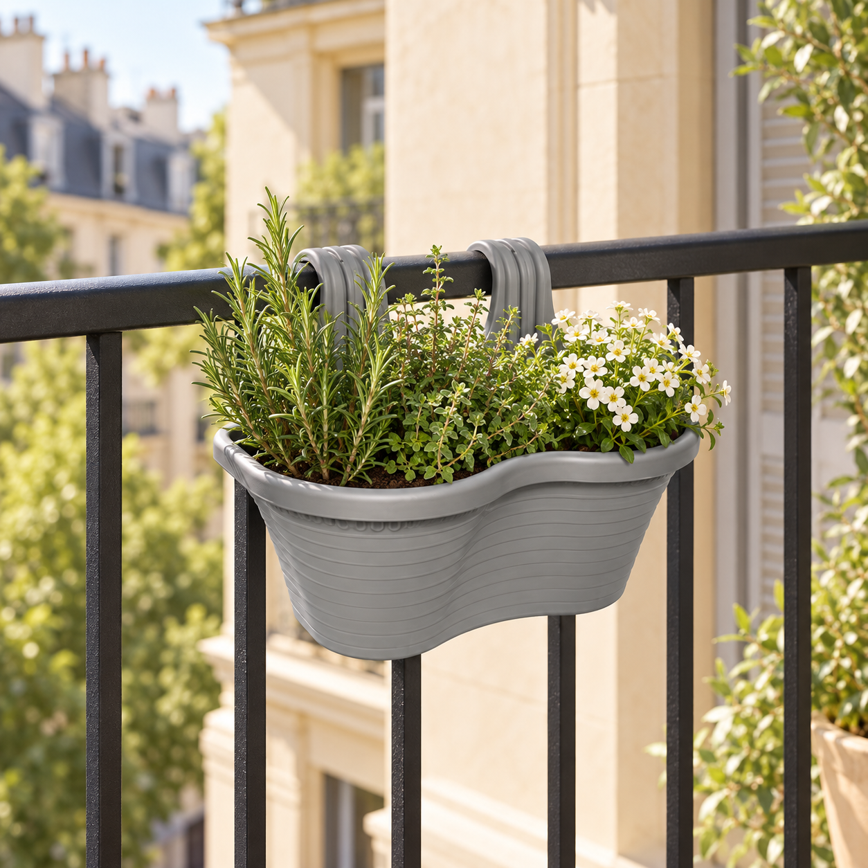 B222-2 Balcony 2 grey hanging herb planter on a European balcony