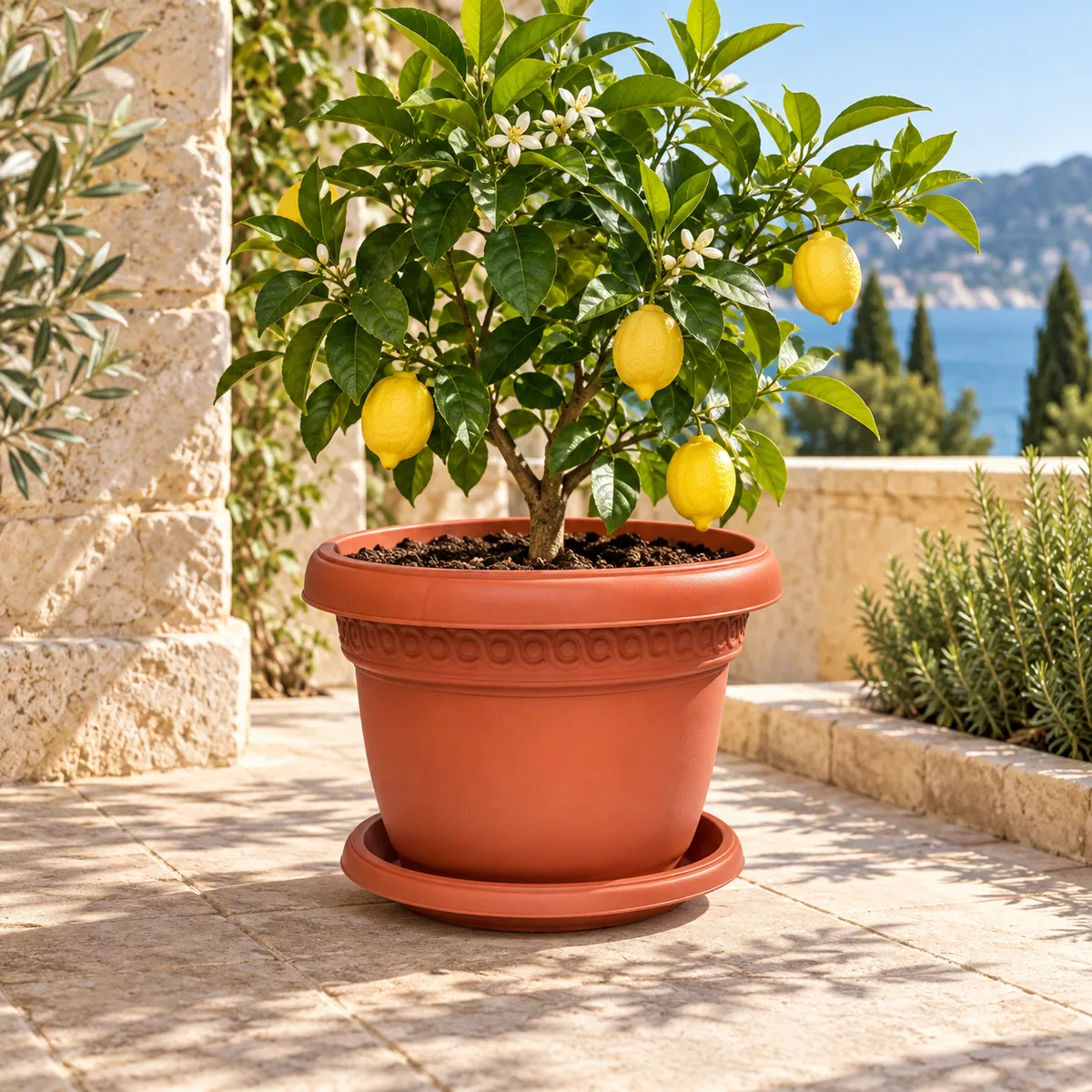 B102-6 Pot 6 terracotta planter with lemon tree on a European terrace