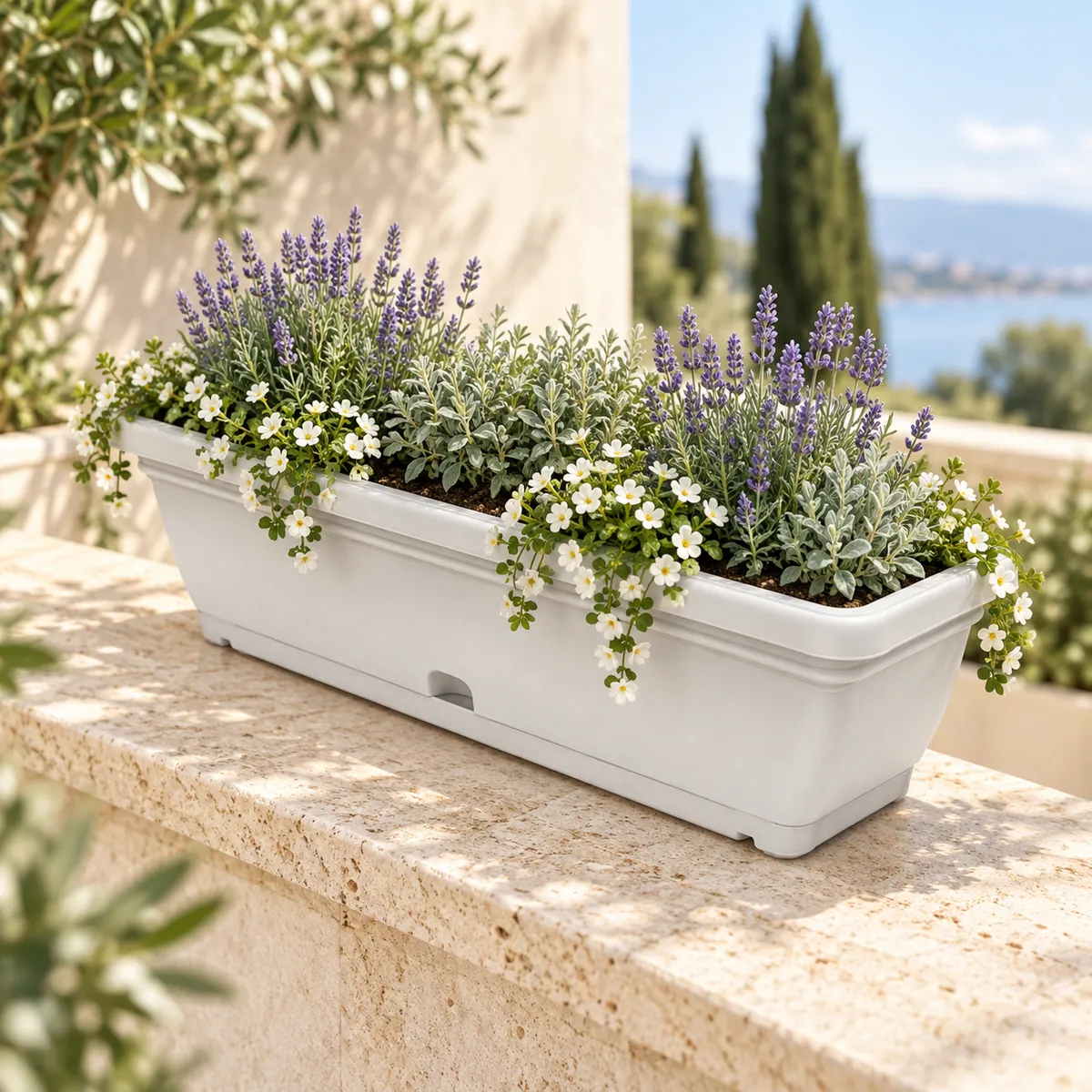 B137 Rectangle Lux rectangular planter styled in use on a contemporary terrace