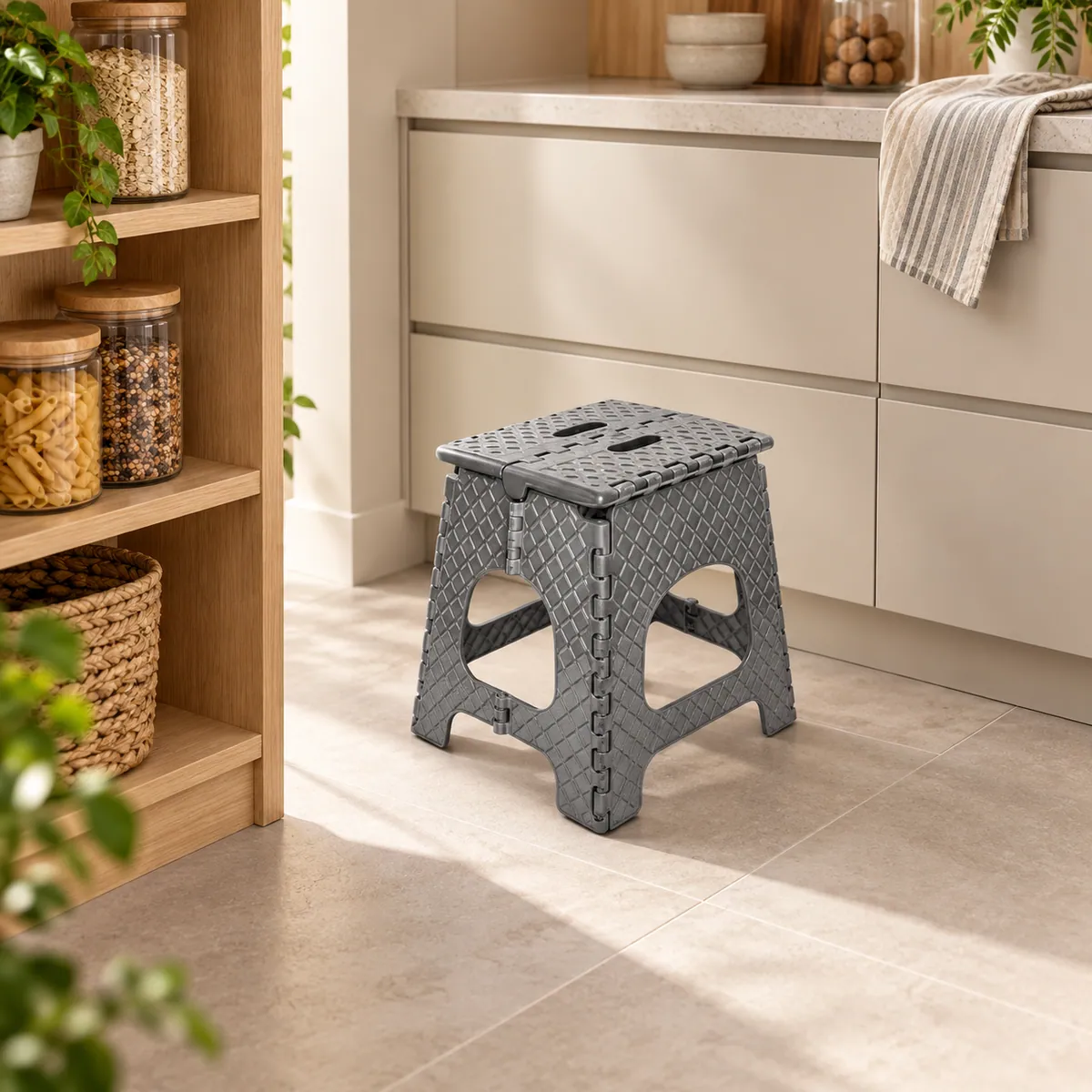 BURDEM B150-2 folding stool in a modern pantry