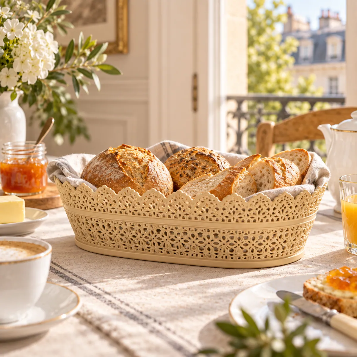 BURDEM B186-1 oval lace bread basket at breakfast