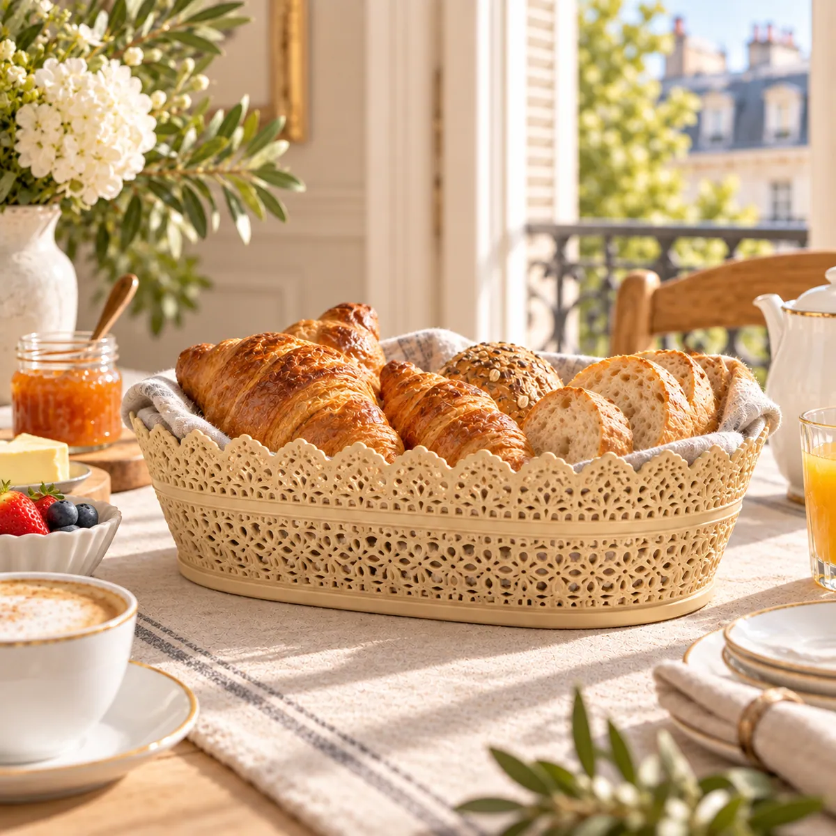 BURDEM B186-2 rectangular lace bread basket at breakfast