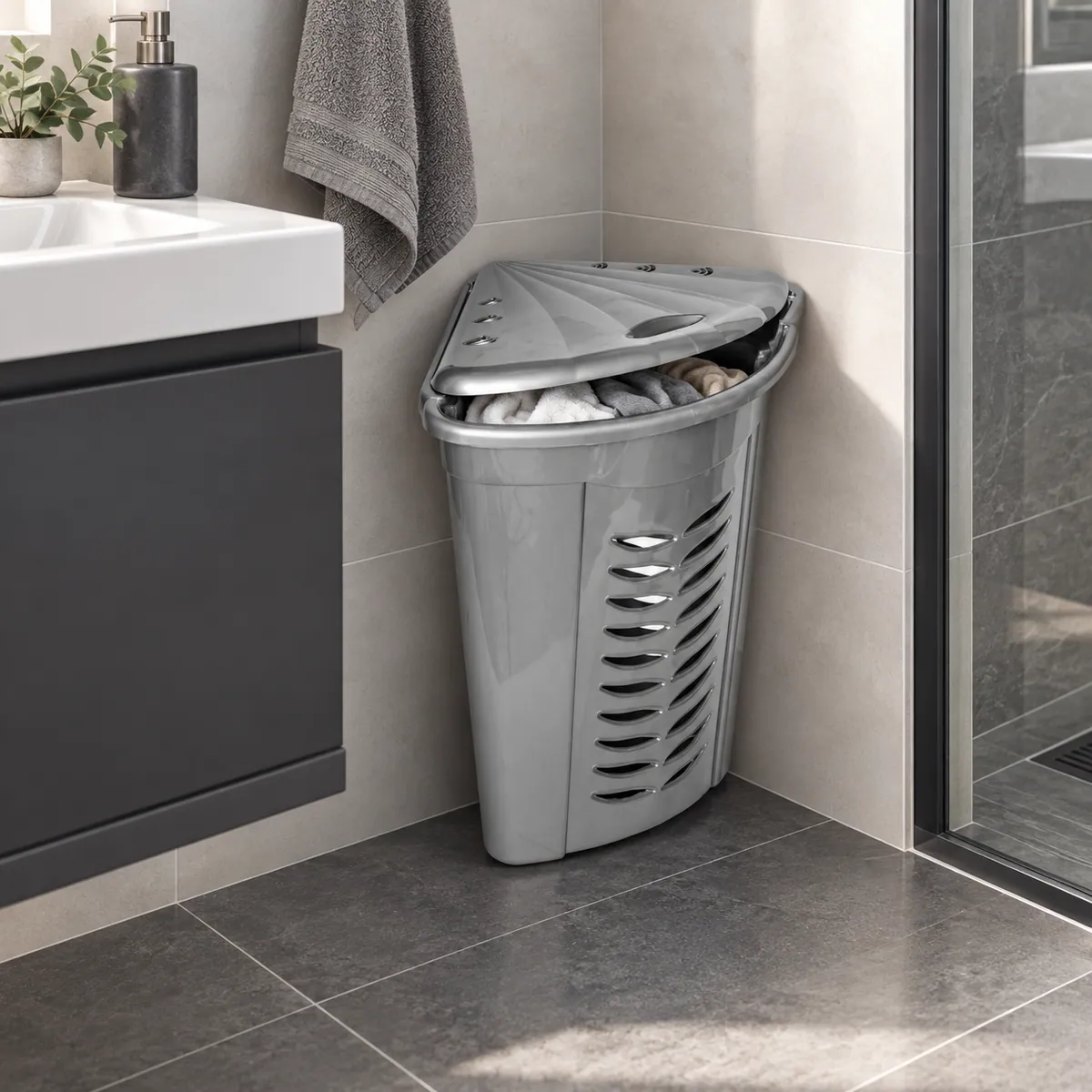 TRIANGLE LAUNDRY BIN fitted into a modern bathroom corner
