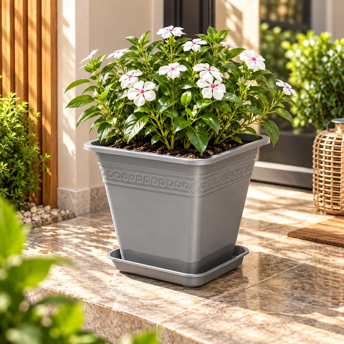 BURDEM B195-2 grey rectangular planter with rosemary