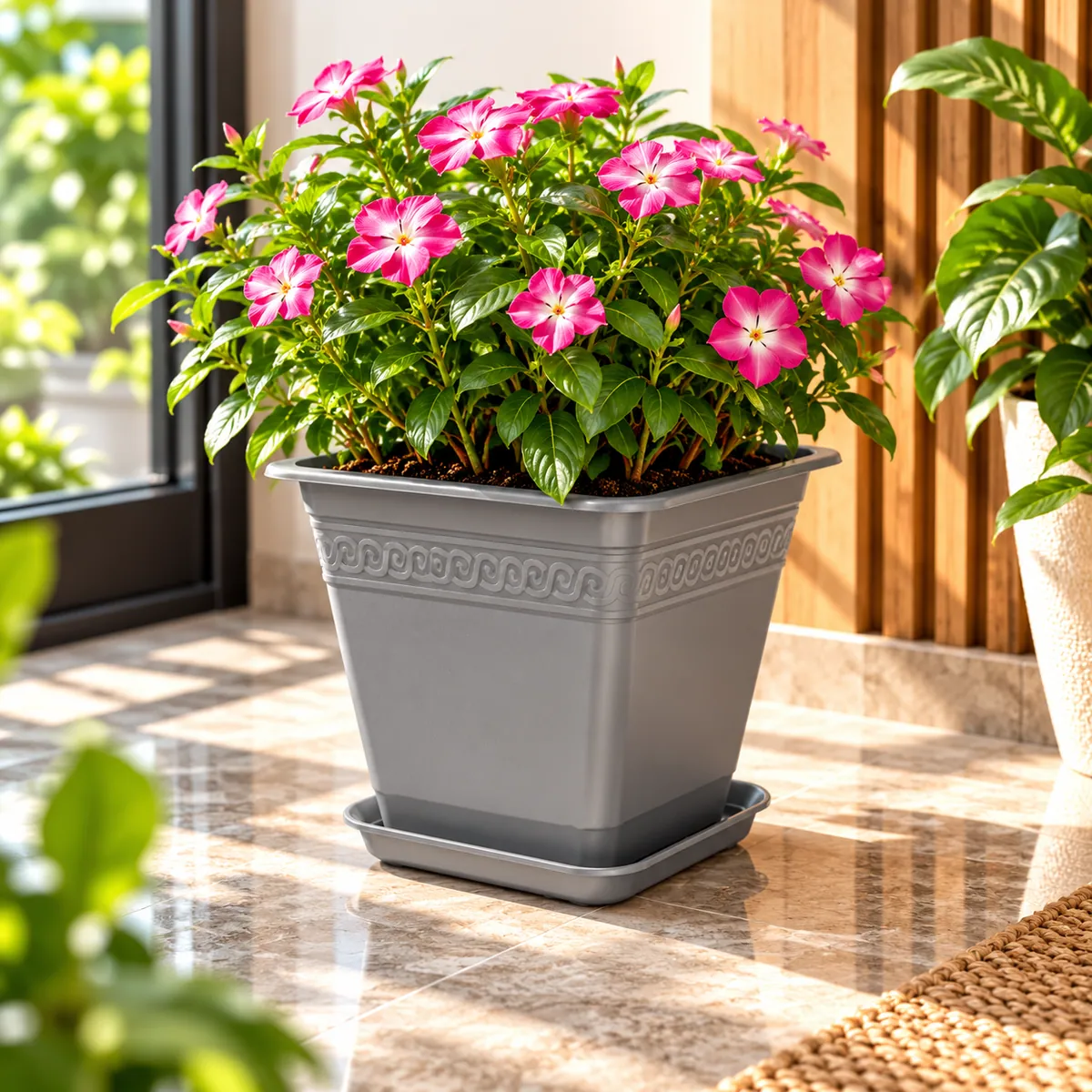 BURDEM B195-3 grey rectangular planter with a peace lily