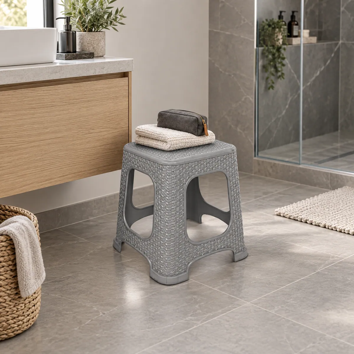 RATAN 2 medium stool in a modern bathroom
