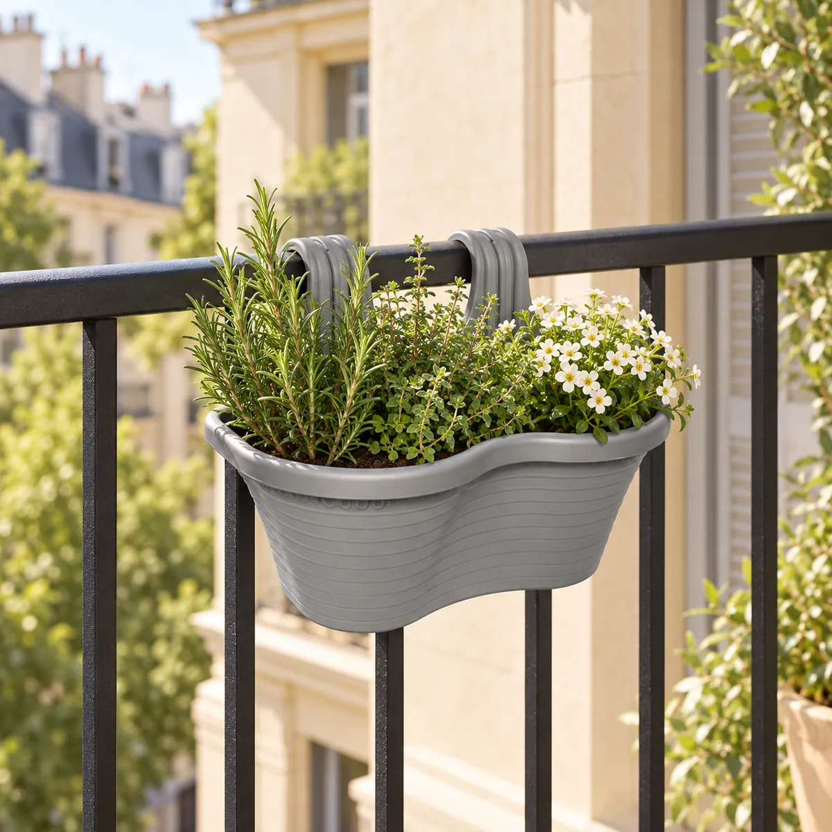 B222-2 Balcony 2 grey hanging herb planter on a European balcony