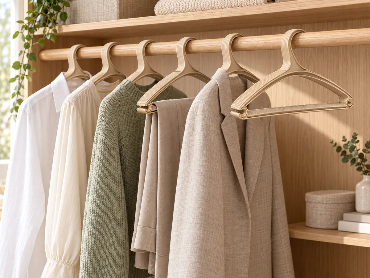 Six BURDEM Eco hangers organising garments in a contemporary oak wardrobe