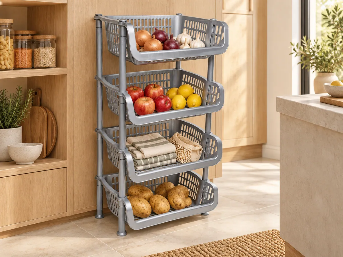 BURDEM 4 Tier Lux Trolley organising produce and kitchen linens in a contemporary pantry