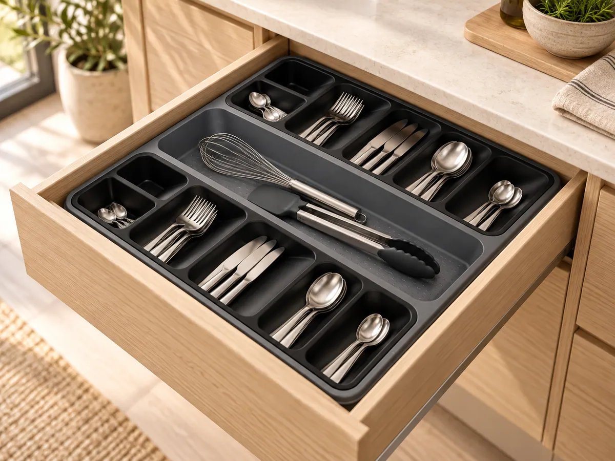 BURDEM Smart Organizer 2 arranging cutlery and utensils inside a contemporary kitchen drawer