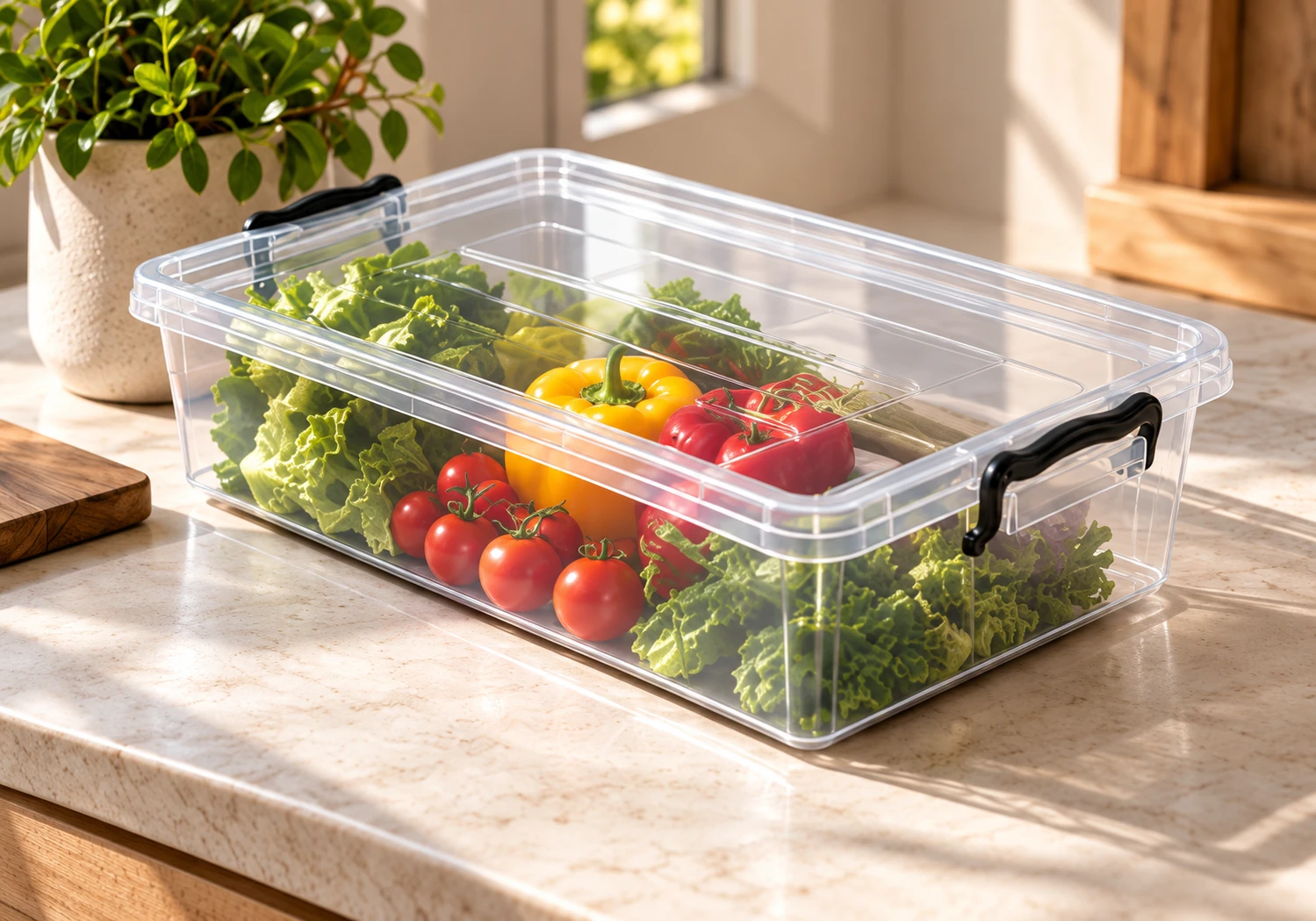 Clear storage box filled with fresh vegetables on a sunlit kitchen counter