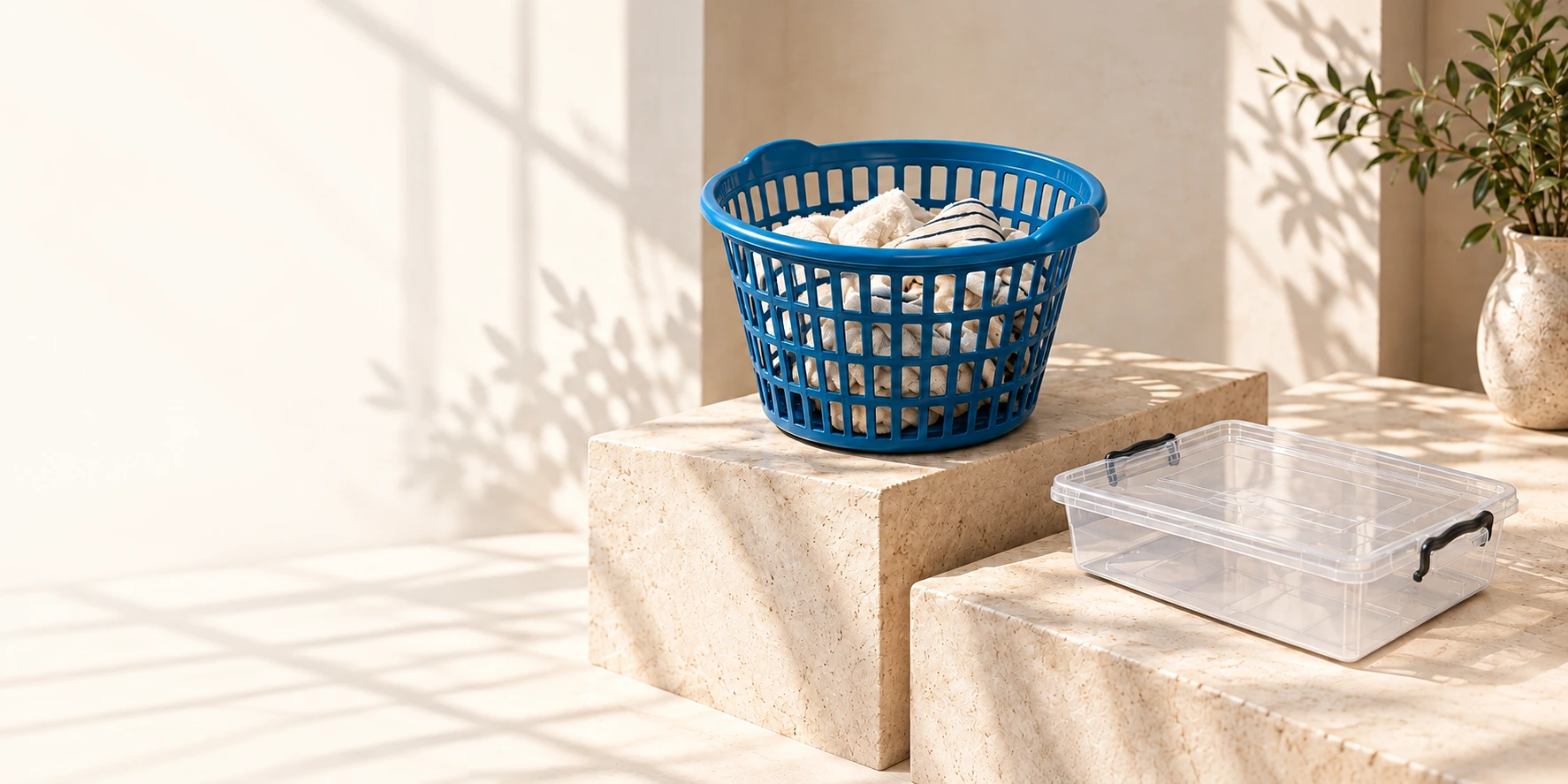 Blue Burdem laundry basket and clear storage box on sunlit limestone plinths